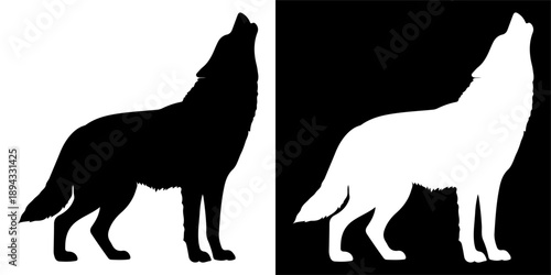 Silhouette of a howling wolf, black and white.