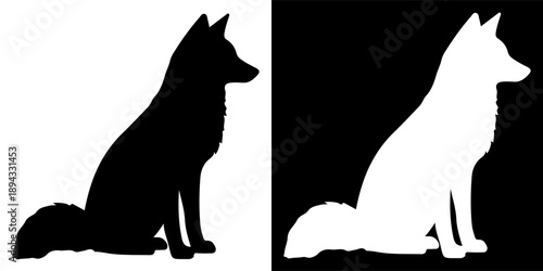Sitting Fox Silhouette, Black and White.