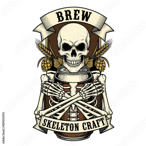 Skeleton Embracing Beer Can with Hops and Wheat, Craft Brew Emblem
