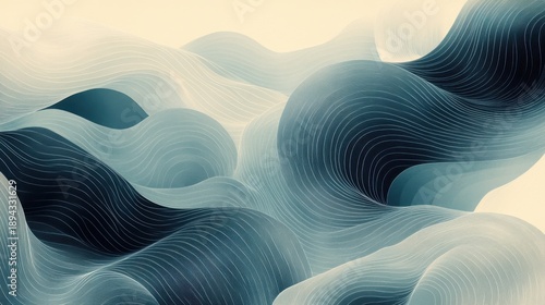 Geometric abstraction of a lake with curved lines and circles on a soft beige background showcasing a vibrant design in blue and green gradient