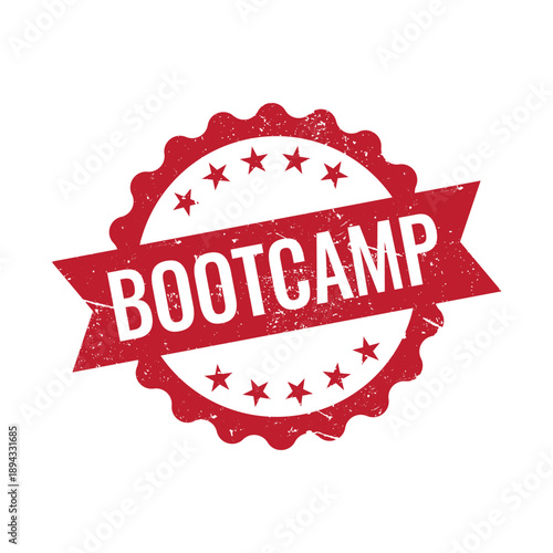 Decorative red circular bootcamp badge with ribbon and stars for official training completion and workshop branding