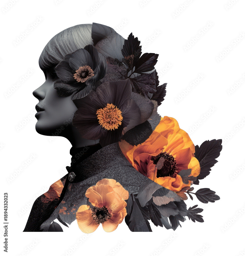 Fototapeta premium PNG Floral silhouette portrait art.