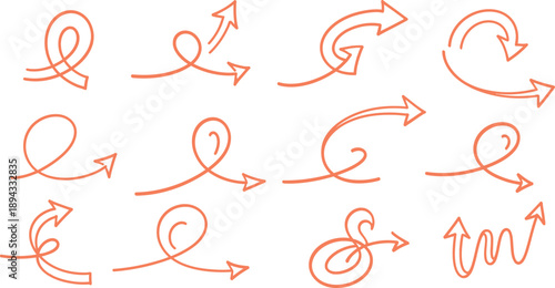 A collection of 12 hand-drawn lowercase letter 'e' variations with arrows