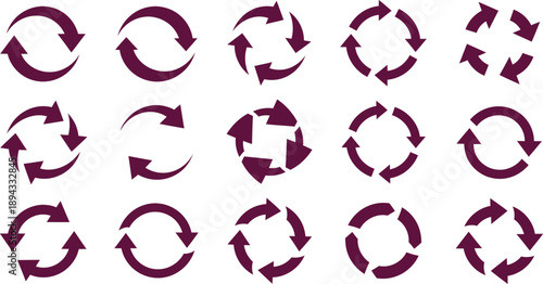 A collection of 12 recycling symbols in maroon color on a white background