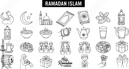 Hand-drawn Black  White Line Art Ramadan and Islamic Culture Icon Set. Collection of religious symbols for Muslim holidays, traditions, and observances.