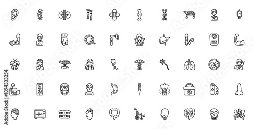 Medical icon set. Healthcare vector illustrations. Includes symbols for doctor, hospital, dna, bones, heart, brain, x-ray, emergency and more. Editable stroke.