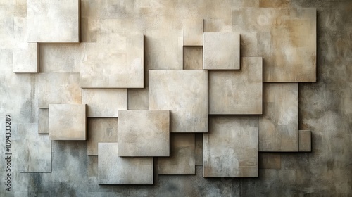 Geometric abstraction with evenly spaced overlapping squares forming a grid near the top of the canvas in neutral tones against a textured background