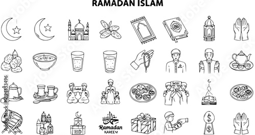 Ramadan Islam Black and White Line Art Icons Set. Hand-drawn Collection of Religious Symbols and Elements for Muslim Culture and Holiday Celebrations.