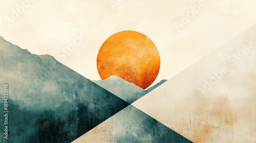 Geometric abstraction features a circle with diagonal lines in soft teal and sandy beige on a white background