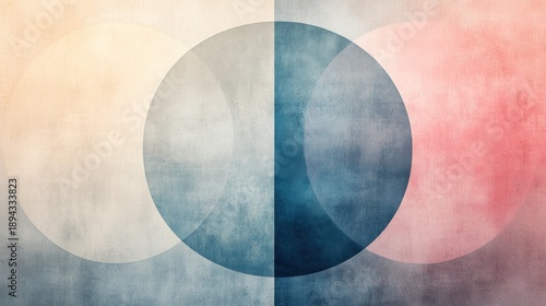 Geometric abstraction features overlapping circles and vertical lines in a clean design with gradient transitions in soft hues on a white background