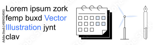 Business management, scheduling, sustainability, productivity, renewable energy, organization. A calendar with overlapping icons of a wind turbine and fountain pen. Business management and scheduling