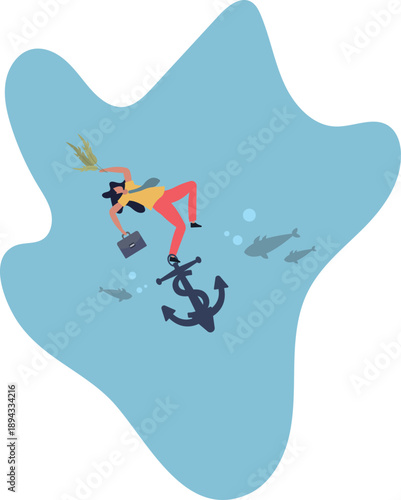 A businesswoman goes to the bottom with a heavy anchor.