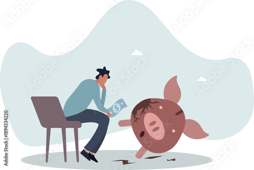 A puzzled man looks at a broken piggy bank.life and employment of people.