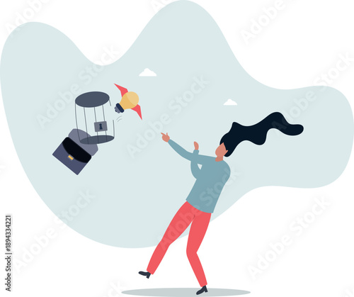 Freedom of idea. A woman points to a light bulb that has flown out of its cage.