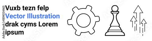 Business strategy, innovation, problem-solving, career growth, goals, vision. Gear, chess pawn and upward arrows displaying symbolic ion. Strategy and innovation concept