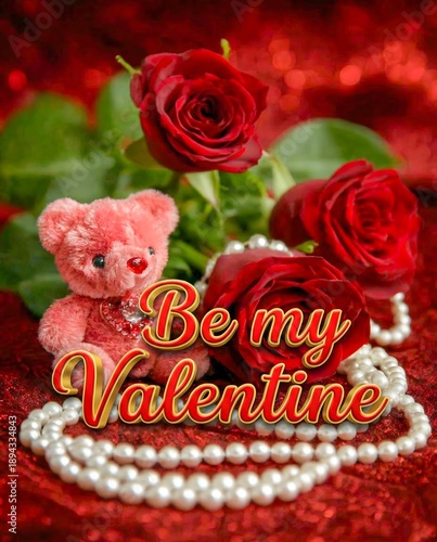 Be my Valentine greeting card with red roses, pink teddy bear and pearl necklace on sparkling red background
