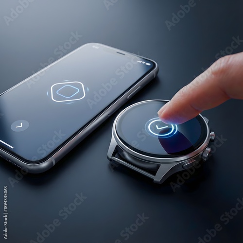 Finger tapping smartwatch to approve secure pairing with smartphone on dark surface