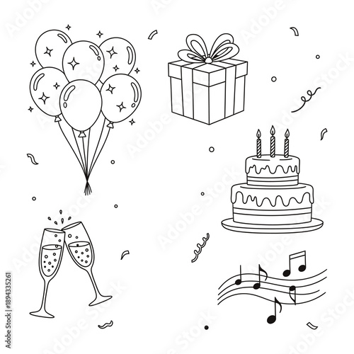 Celebratory elements including balloons gift cake and champagne.