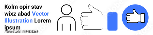 Social media engagement, online communication, approval, feedback, interaction, user evaluation. Person outline and thumbs up symbol. Social media engagement and online communication concept