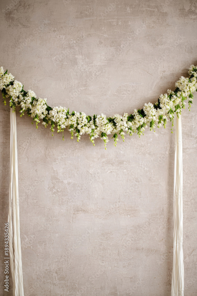 Naklejka premium Thai flower garland phuangmalai hanging on textured wall with white jasmine and green leaves creating traditional decorative arrangement for celebration or ceremony