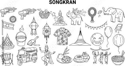 Songkran Festival Black and White Line Art Collection. Hand-drawn Doodle Icons of Thai New Year Celebration, Water Play, Culture, and Traditional Elements.
