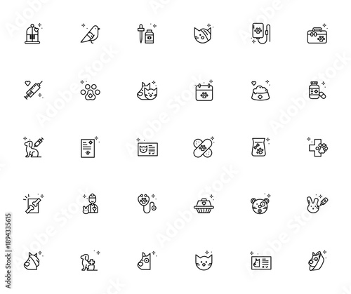Veterinary icon set. Pet care vector icons. Includes symbols for injection, vaccine, paw, pet food, cage, stethoscope, bandage and more. Editable stroke.
