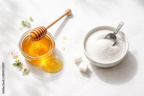 Honey in a glass jar with a dipper and sugar in a bowl, comparing natural sweetening alternatives for diet and nutrition
