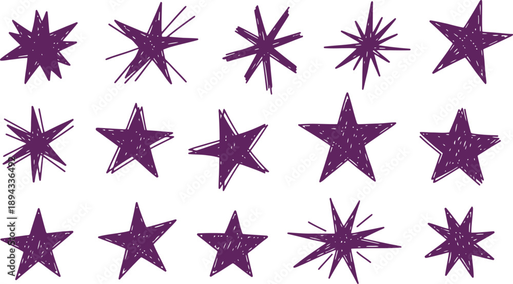 Obraz premium Collection of purple star shapes with varying designs on white background