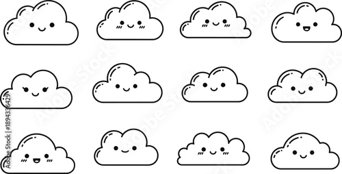 A collection of 12 smiling cartoon clouds with varying facial expressions