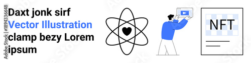 Figure holding video panel, atomic structure with heart at center, NFT card. Ideal for blockchain, technology, creativity, art, education, innovation and simple landing page use