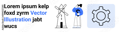 Woman holding question mark near windmill, large gear icon, bold decorative text design. Ideal for brainstorming, innovation, renewable energy, technology, decision making, planning simple landing