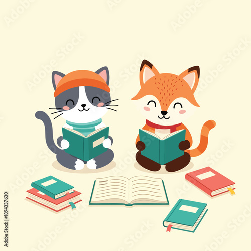 Cat and Fox Reading Together