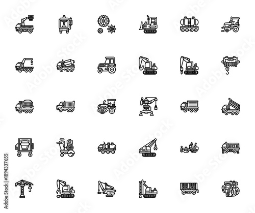 Construction Machinery icon set. Heavy equipment vector icons. Includes bulldozer, crane, excavator, mixer truck, dump truck, grader and more. Editable thin line illustrations.