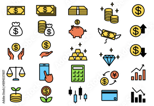 Colorful and Simple Investment and Money Icon Set with US Dollar Symbols