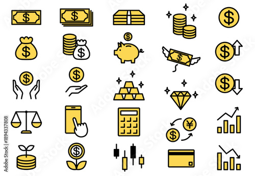 Simple Black and Yellow Investment and Money Icon Set with US Dollar Symbols