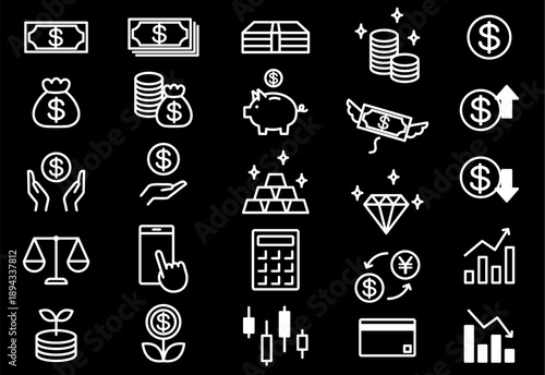 White Icons on Black Background Investment Icon Set with US Dollar Symbols