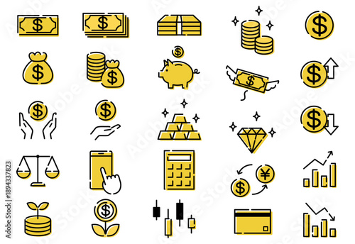 Minimal Thin Line Black and Yellow Investment and Money Icon Set with US Dollar Symbols