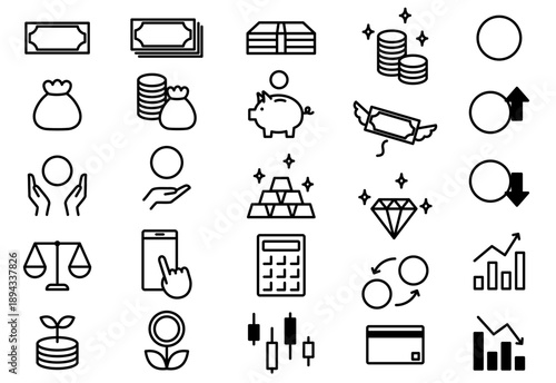Simple Black and White Money Icon Set (No Currency Symbol)