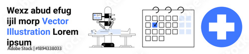 Medical services, healthcare planning, robotic surgery, scheduling, innovation, progress. Medical robot operating, calendar with a checked date and blue health icon. Robotic surgery and healthcare