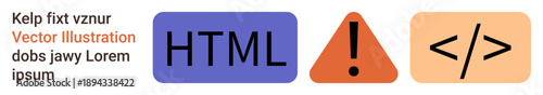Web development, coding error messages, programming languages, frontend design, debugging, alert notifications. HTML text, warning triangle and code brackets. Web development and coding error