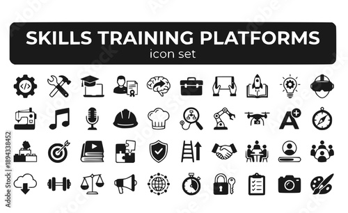 Skills Training Platforms Technical Vocational Development Hands-On Competency Building Practical Enhancement Education Digital Learning Vector Icon Set - Skills Development