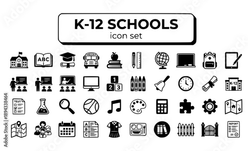 K-12 Schools Elementary Primary Secondary Education Learning Classroom Student Grade Academic Teaching System Vector Icon Set - School Education