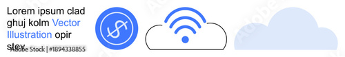 Cloud computing, internet connectivity, data management, networking, technology services, digital innovation. Icons of synchronization, wireless signal and a cloud. Cloud computing and internet