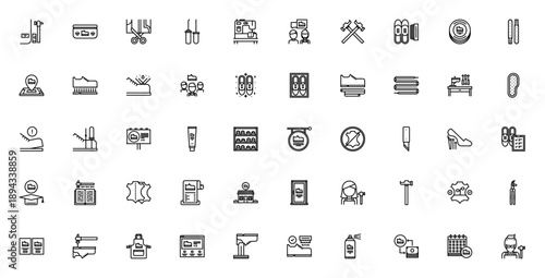 Shoemaker icon set. Vector illustration of leather, hammer, sewing machine, awl, knife, polish, soles and more. Editable stroke icons.