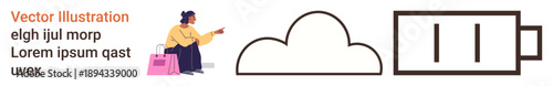 Lifestyle habits, energy consumption, digital technology, cloud storage, retail experiences, sustainability. Woman sitting with a shopping bag, cloud battery outline. Lifestyle habits and energy
