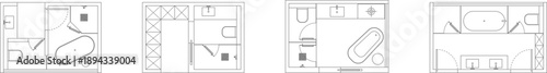 Technical vector illustration of four bathroom layout options, featuring efficient space planning with bathtubs, sinks, and toilet units.