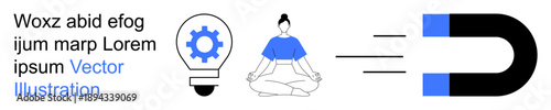Creativity, mindfulness, innovation, self-care, focus, energy. a meditating figure, lightbulb with gear and magnet. Creativity and mindfulness with clear conceptual visuals