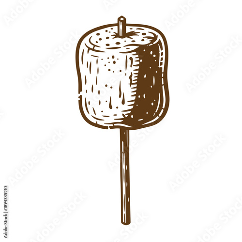 Vintage Grunge texture A toasted marshmallow on a stick with a wooden handle and a smoky exterior