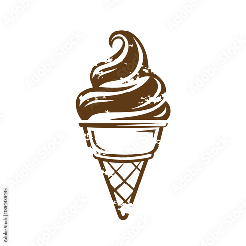 Vintage Grunge texture chocolate ice cream cone with brown swirly scoop on white background