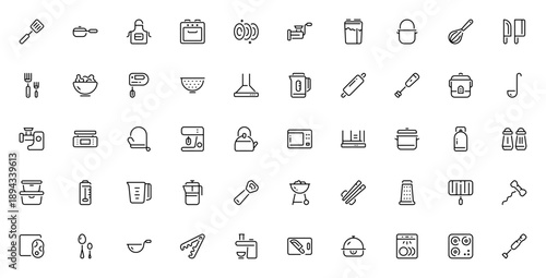 Kitchen icon set. Cooking vector icons pack. Includes spatula, pan, apron, stove, blender, mixer, utensils and more. Editable stroke.